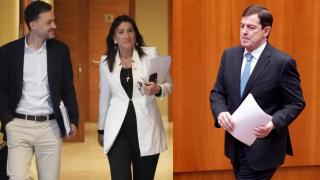 El secretario primero de la Mesa de las Cortes, Diego Moreno, la vicepresidenta segunda, Ana Sánchez, y el presidente de la Junta, Alfonso Fernández Mañueco, en un montaje de EL ESPAÑOL