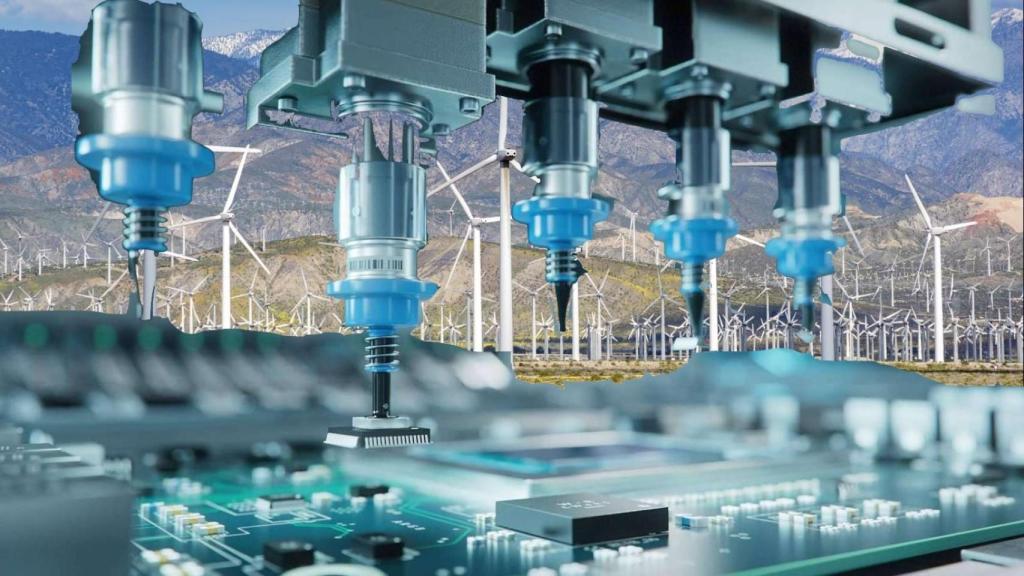Fotomontaje de un parque eólico con una fábrica de componentes electrónicos.