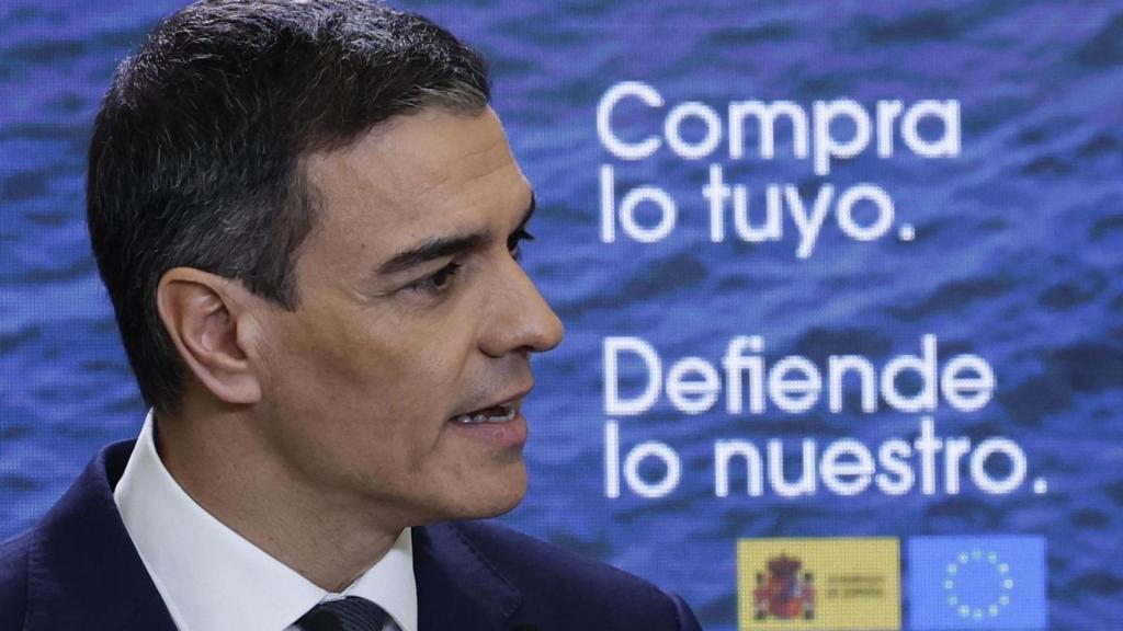 Pedro Sánchez, este jueves en la Moncloa, presentando el plan del Gobierno contra los aranceles de Trump.