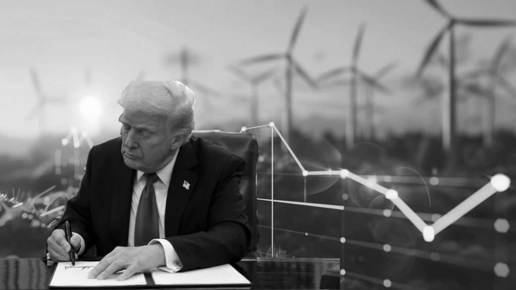 Fotomontaje de Donald Trump, presidente de EEUU, y un fondo de un mercado energético