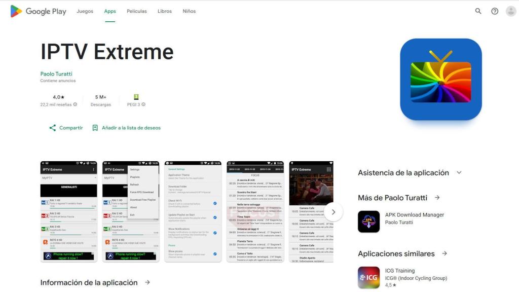 Página en Google Play de la app IPTV Extreme