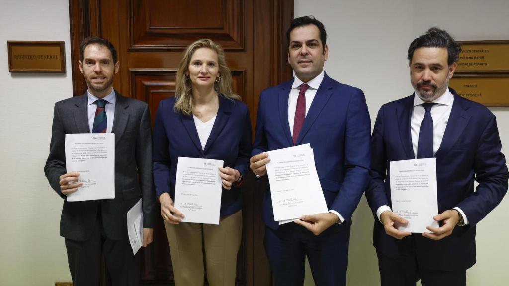La vicesecretaria de Desarrollo Sostenible del PP, Paloma Martín, junto al portavoz adjunto de la dirección del GPP Sergio Sayas (i), el portavoz de energía del Grupo Parlamentario, Juan Diego Requena (2d) y Guillermo Mariscal, registran en el Congreso la Proposición de Ley anunciada por Alberto Núñez Feijóo para extender la vida útil de las centrales nucleares españolas.