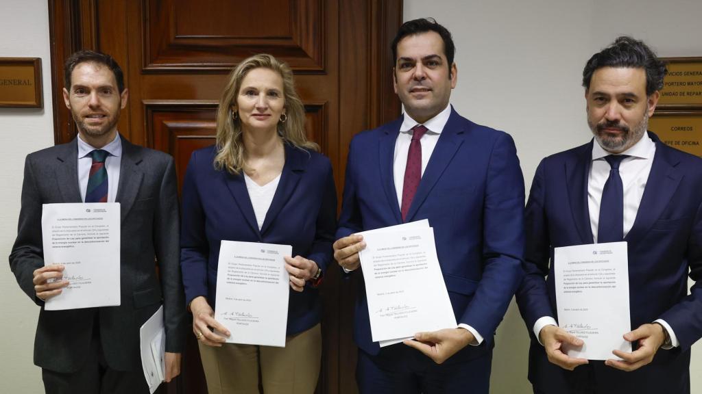 Diputados del PP, encabezados por la responsable de Desarrollo Sostenible del partido, Paloma Martín, registrando la ley sobre  las nucleares, este viernes en el Congreso.