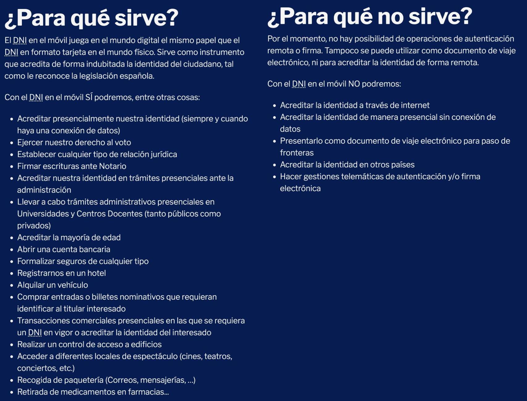 Usos de la aplicación MiDNI