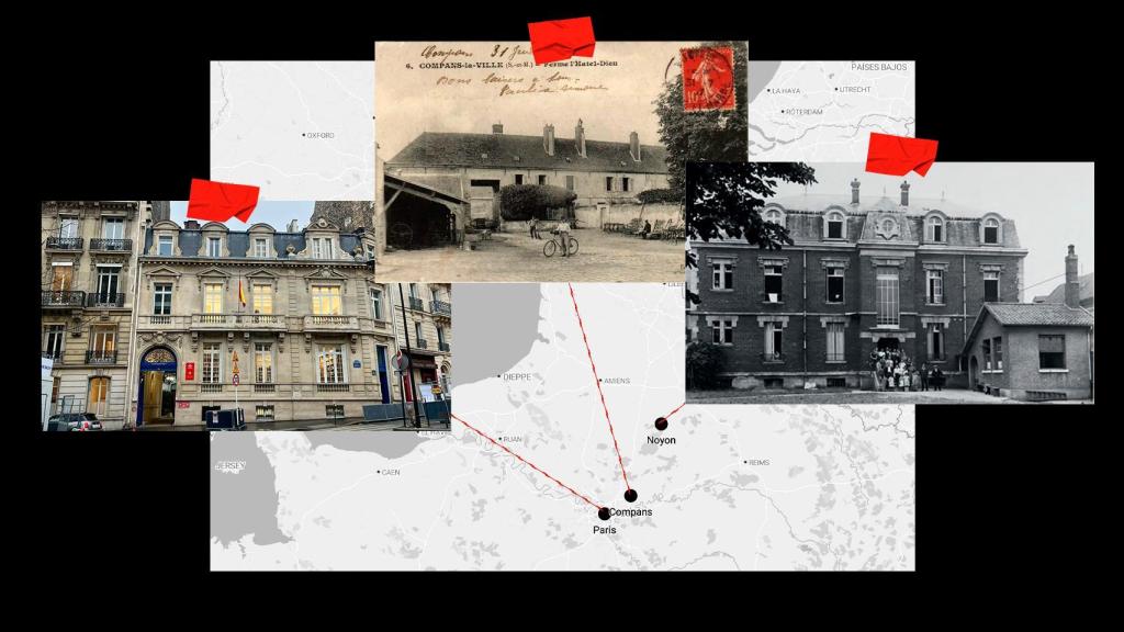 Localización de los tres palacetes en las localidades francesas de París, Noyon y Compans.