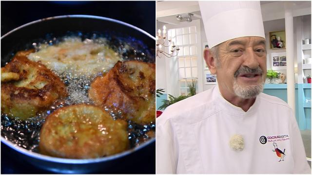 Un collage con torrijas friéndose en una sartén, junto a una imagen de Karlos Arguiñano.