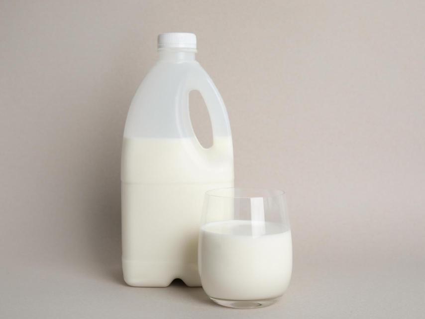 Una botella de plástico con leche.