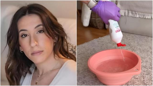 Un collage de la experta en limpieza Andrea Co juntoaaveir a una imagen de ella limpiando una alfombra.