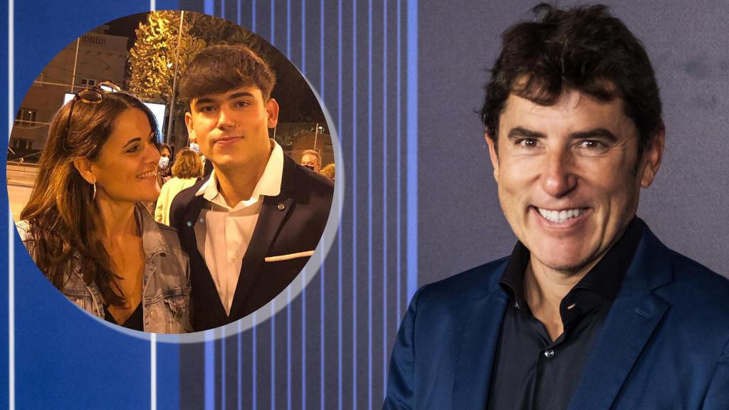 Manel Fuentes en un fotomontaje junto a su esposa, Clara Cabezas, y su hijo mayor.