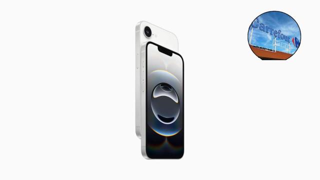 Fotomontaje con el iPhone 16e y un Carrefour.