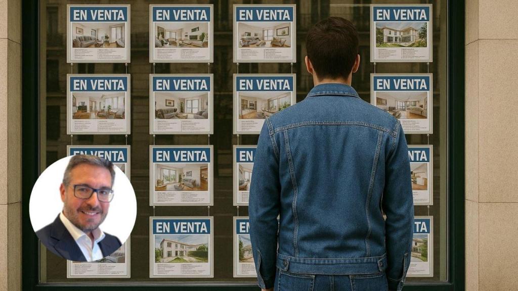 Montaje con hombre viendo anuncios de venta de viviendas y Sergio Gutiérrez, experto inmobiliario.
