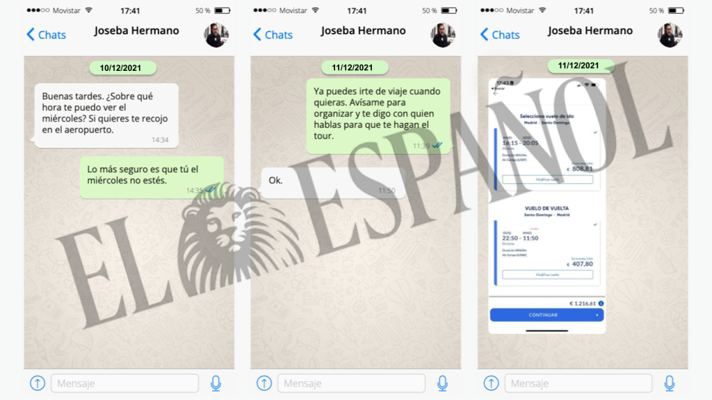 Mensajes de Whatsapp entre Víctor de Aldama y Joseba García organizando los viajes y las entregas de dinero en República Dominicana.