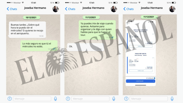 Mensajes de Whatsapp entre Víctor de Aldama y Joseba García organizando los viajes y las entregas de dinero en República Dominicana.