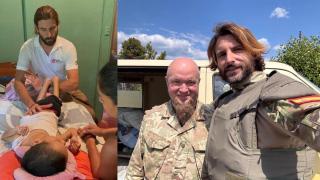 El doctor Aranda, a la izquierda, tratando a un niño en Costa Rica; y a la derecha, con un soldado en Ucrania.