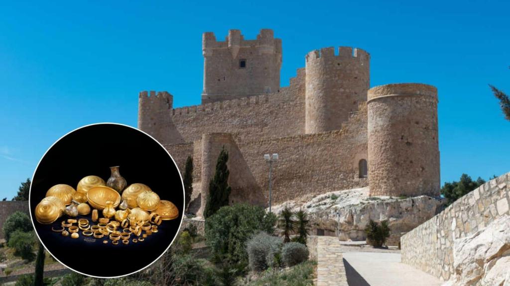 Montaje con el castillo de Villena y su tesoro.