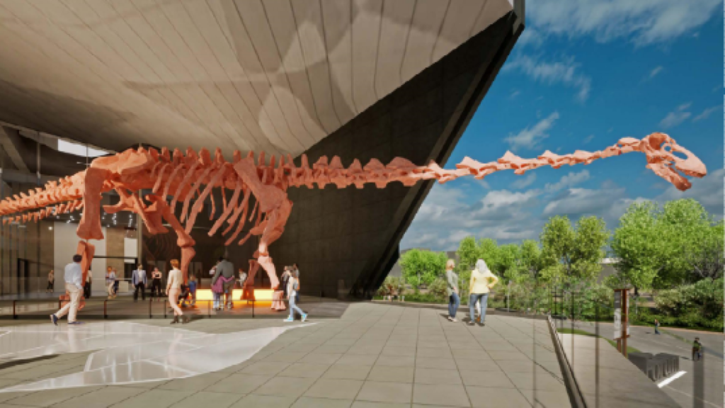 Dinosaurio gigante en la terraza de CaixaForum.