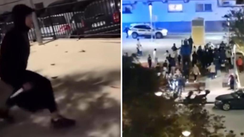 Un joven con un cuchillo (izquierda) y una pelea multitudinaria (derecha) en Villajoyosa.