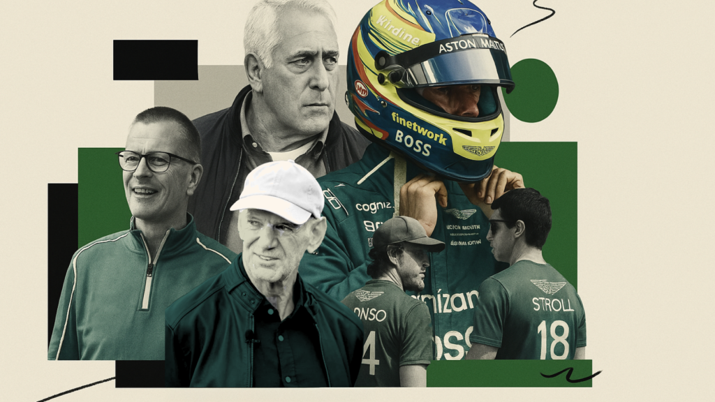 Fotomontaje con Fernando Alonso, Lawrence Stroll, Adrian Newey, Andy Cowell y Lance Stroll