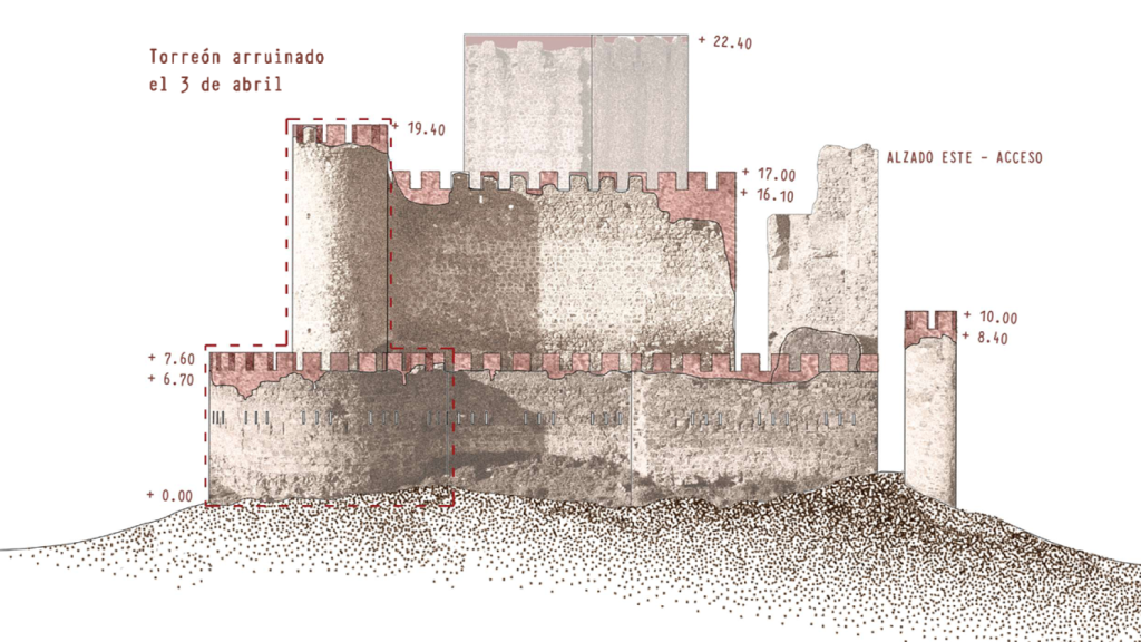 Dibujo de una de las hipótesis de recomposición de faltantes del castillo de Almonacid de Toledo.