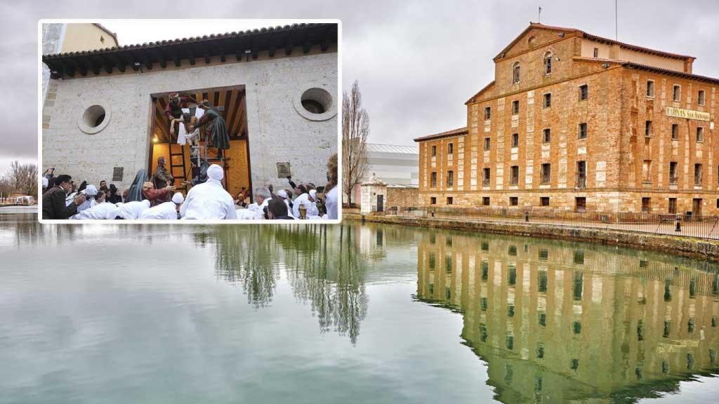 La dársena del Canal de Castilla en Medina de Rioseco. Fotografía: Provinciadevalladolid. Y la salida del paso El Descendimiento de la Cruz (La ‘Escalera’). Fotografía: Miriam Chacón / ICAL.