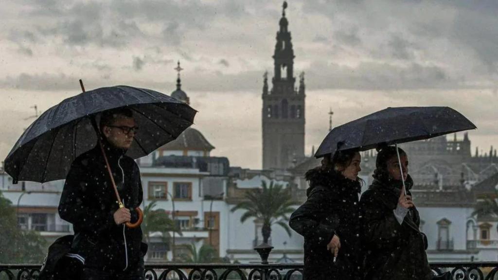 Un grupo de personas camina con paraguas bajo la lluvia por el Puente de Triana, en Sevilla. (Archivo)