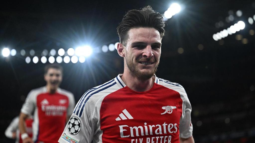 Declan Rice celebra uno de sus dos goles al Real Madrid en la Champions League