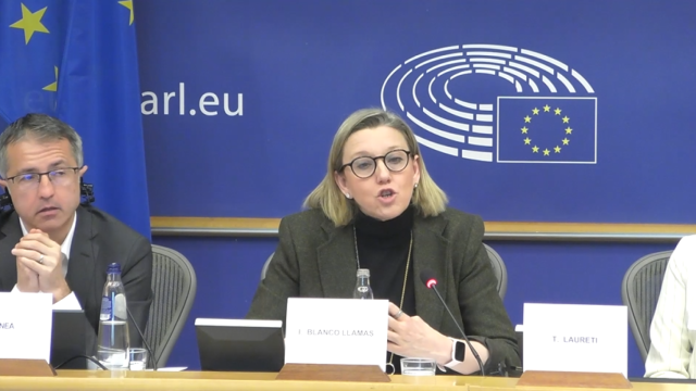 La vicepresidenta de la Junta de Castilla y León y consejera de Familia e Igualdad de Oportunidades, Isabel Blanco, durante su intervención en la audiencia de la Comisión de las Regiones en el Parlamento Europeo