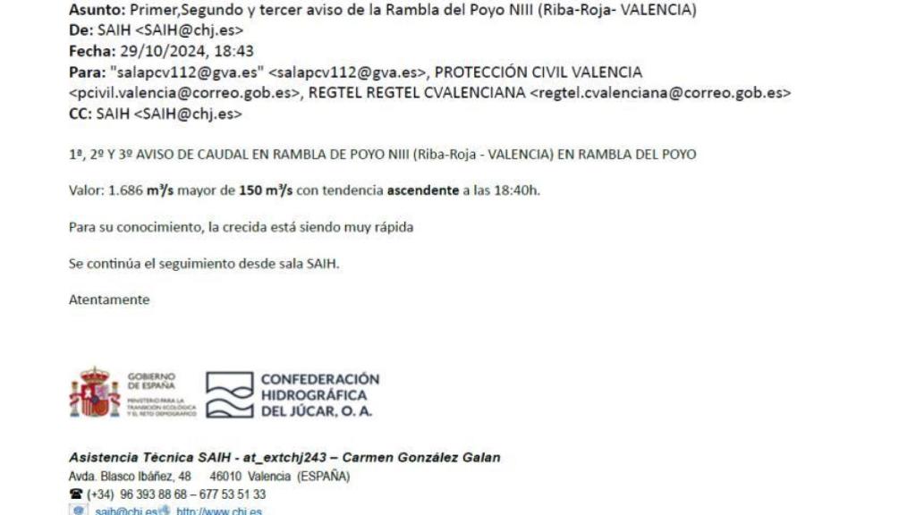 Correo enviado por la CHJ sobre el caudal del Poyo.