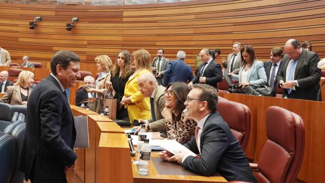 El consejero de Economía y Hacienda, Carlos Fernández Carriedo, conversa con el portavoz del Grupo Popular, Ricardo Gavilanes, durante el pleno de las Cortes de este miércoles