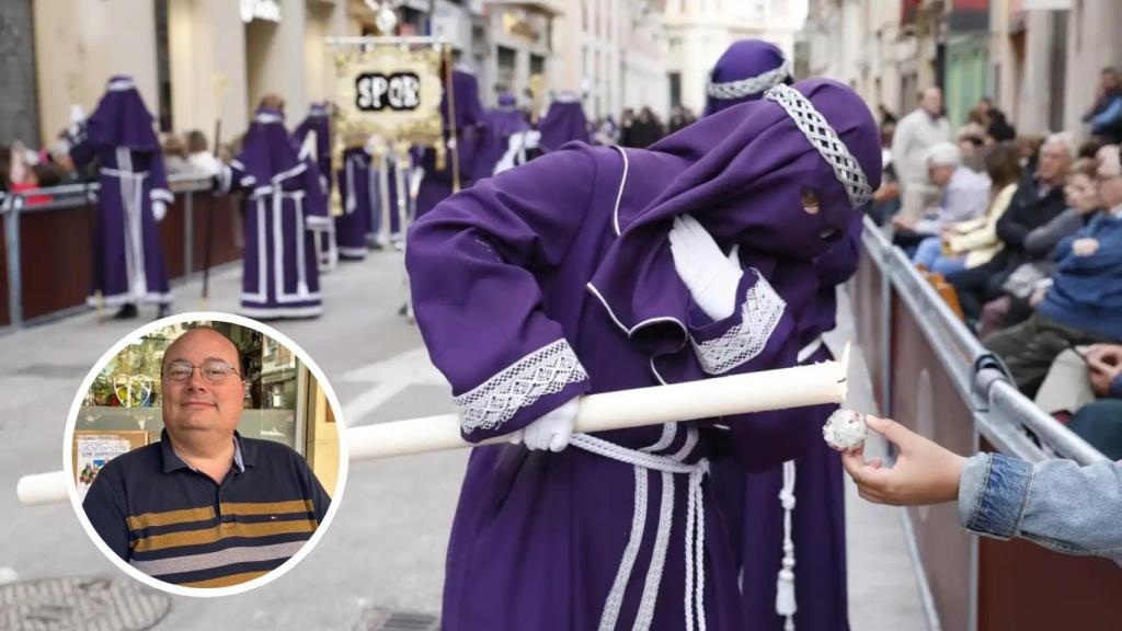 Un nazareno de Gitanos y una imagen de Antonio Delgado.