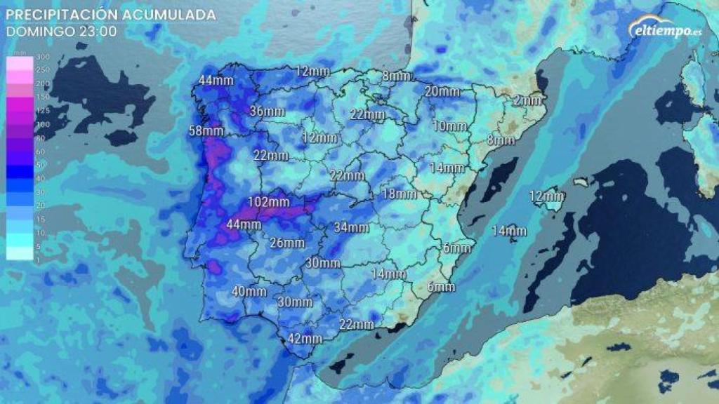 Acumulados previstos hasta el domingo en la península y Baleares