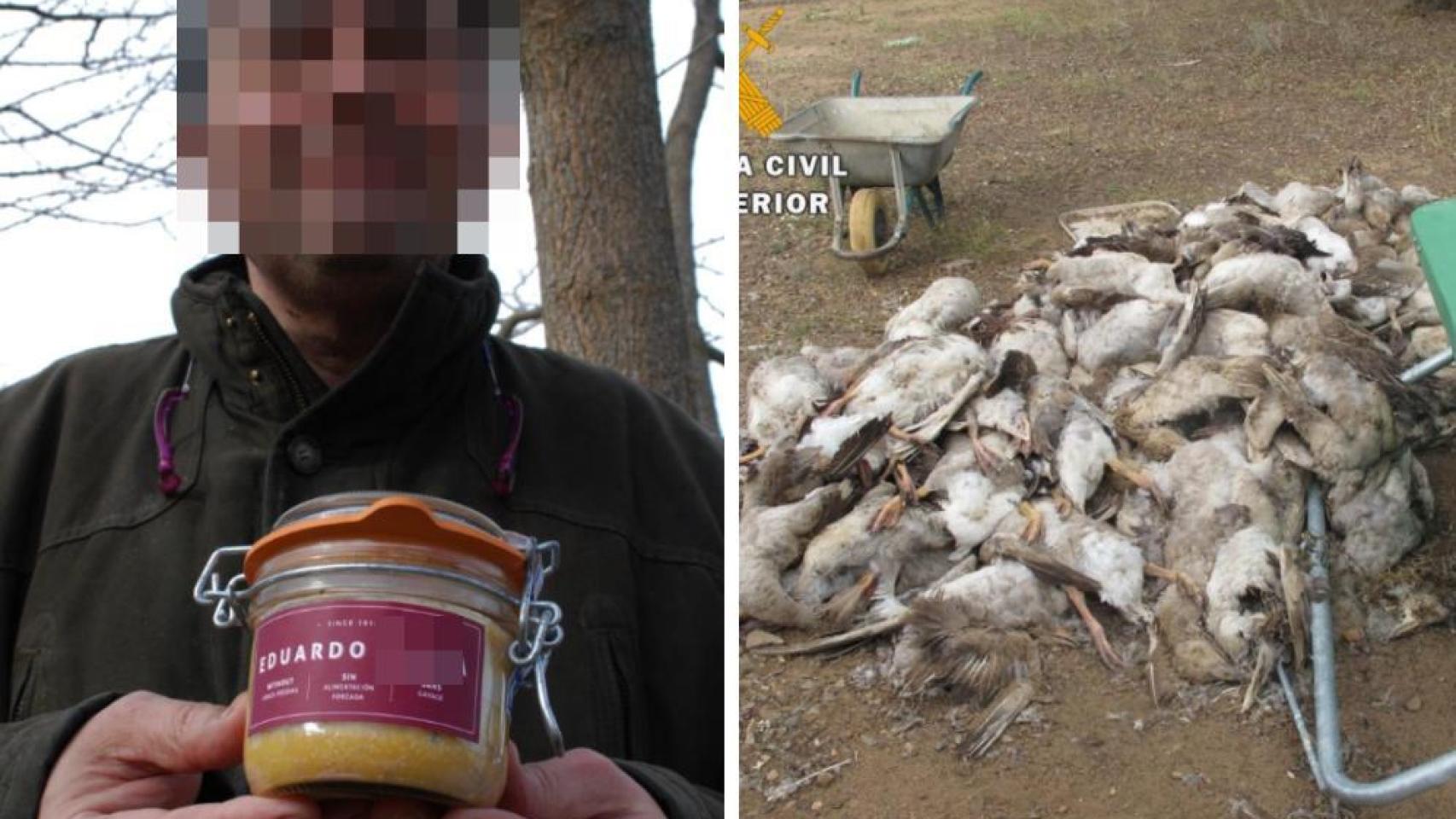 A la izquierda, Eduardo M. sujeta una de sus productos de foie; a la derecha, las ocas halladas muertas en la finca del dueño.