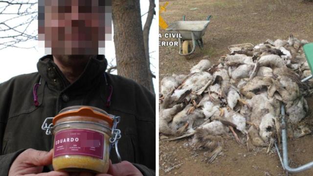A la izquierda, Eduardo M. sujeta una de sus productos de foie; a la derecha, las ocas halladas muertas en la finca del dueño.