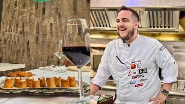 El chef Adrián García y las patatas bravas de su restaurante Braseria.