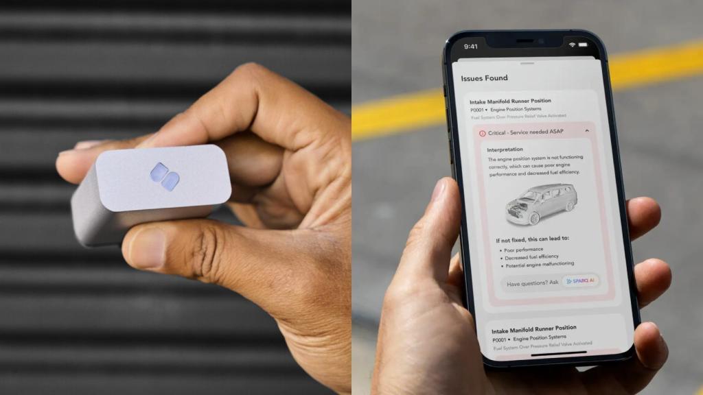 El dispositivo Sparq y la app para móviles mostrando un diagnóstico de un coche.