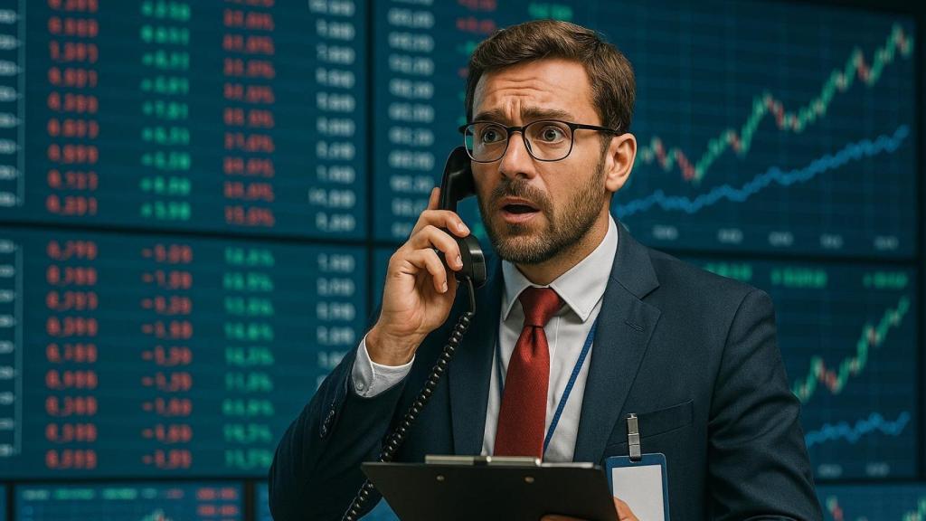 Un agente de bolsa preocupado por la subida de los aranceles.