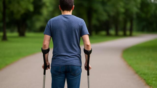 Un joven con movilidad reducida en un parque.