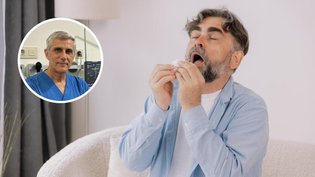 Montaje de un hombre con alergia, con una imagen del médico Gurgen Harutyunyan