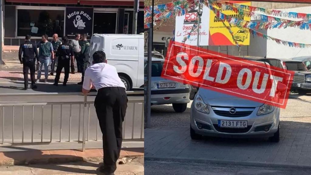 El cuerpo del difunto Francisco Javier, este miércoles, a unos metros de su domicilio en San Pedro del Pinatar, junto al Opel Corsa con el que lo atropelló su novia tras comprar el turismo el 1 de abril.