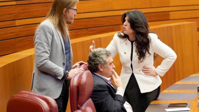 El portavoz de Podemos, Pablo Fernández, conversa con la procuradora popular María de los Ángeles Prieto durante un pleno de las Cortes de Castilla y León