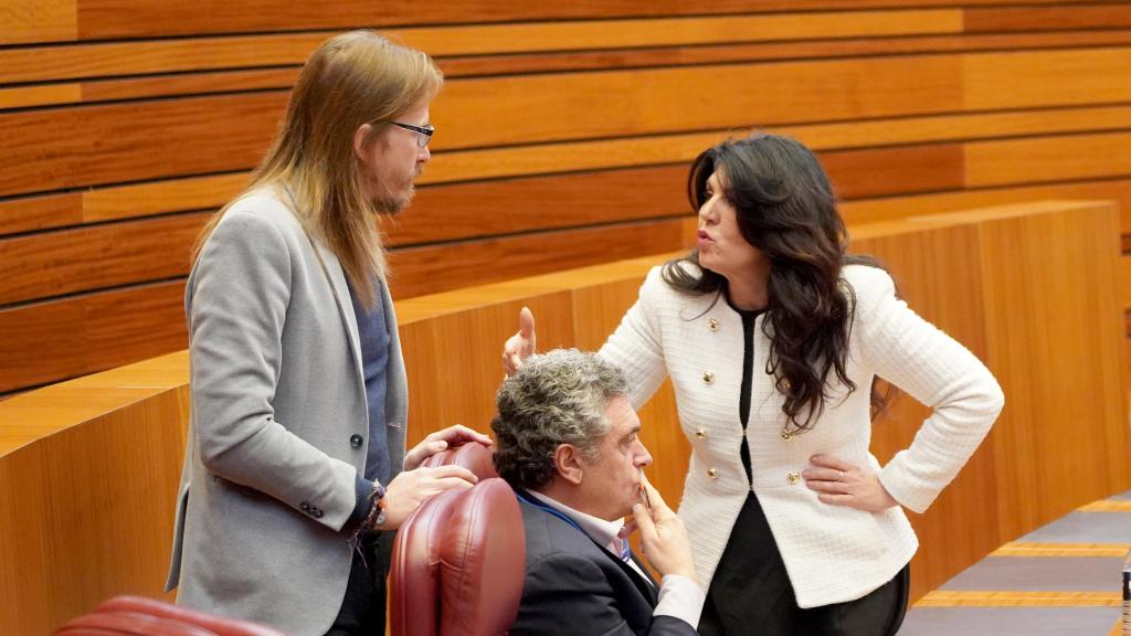 El portavoz de Podemos, Pablo Fernández, conversa con la procuradora popular María de los Ángeles Prieto durante un pleno de las Cortes de Castilla y León