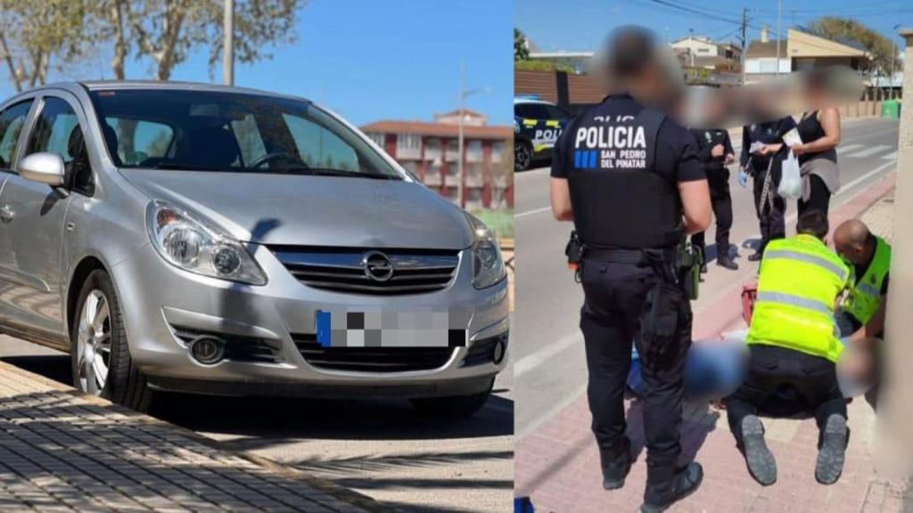 A la izquierda, el coche con el que Zorah atropelló a su pareja, Francisco Javier; y a la derecha, agentes intentan socorrer al hombre, momentos después del incidente.
