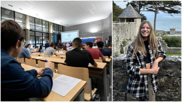 A la izquierda, un grupo de jóvenes realizando la Selectividad en 2024 y, a la derecha, la infanta Sofía en su colegio,  el UWC Atlantic College de Gales.