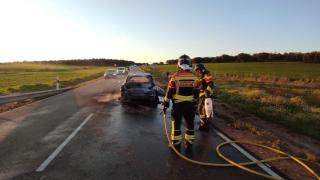 Los Bomberos de la Diputación de Zamora sofocando el incendio del vehículo, este jueves