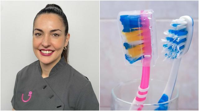 Montaje con la ortodoncista Janira Sánchez junto a un cepillo de dientes.