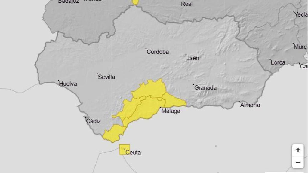 Mapa de la Aemet para este sábado 12 de abril con el aviso amarillo por lluvias en la provincia de Málaga.