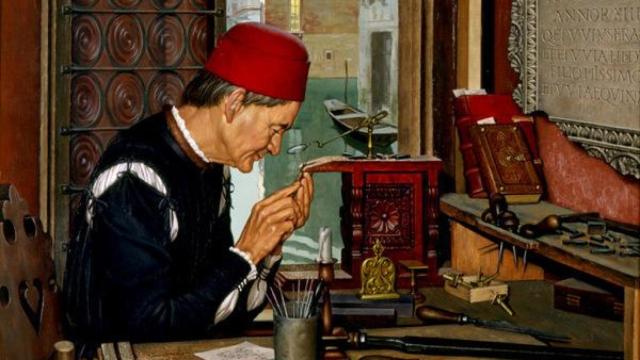 Nicolas Jenson en su taller de grabado, en una litografía de Robert Thom