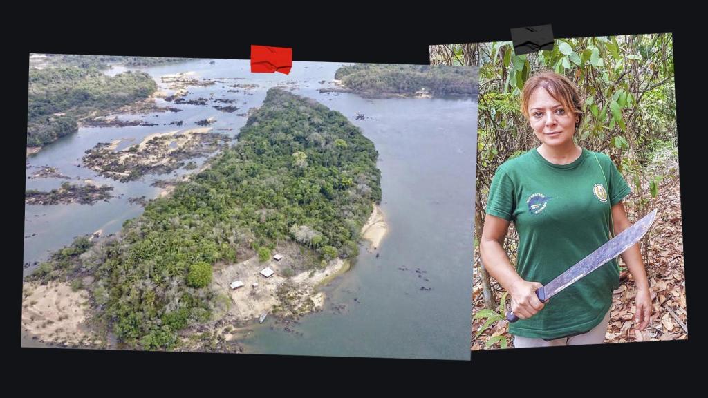 Marisol Francés (d) abriéndose trocha a machete por su isla fluvial brasileña (i) de un kilómetro de largo por cuatrocientos metros de ancho.