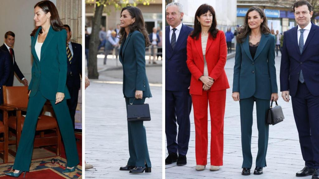 A la izda., Letizia con su traje en 2020, al centro y a la derecha en la actualidad con abertura en el bajo.