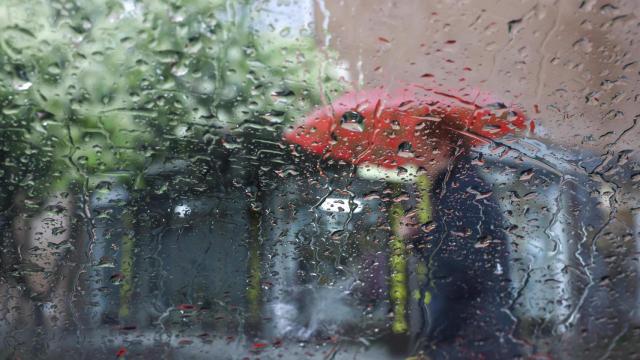 Una persona camina bajo la lluvia este viernes en Toledo.